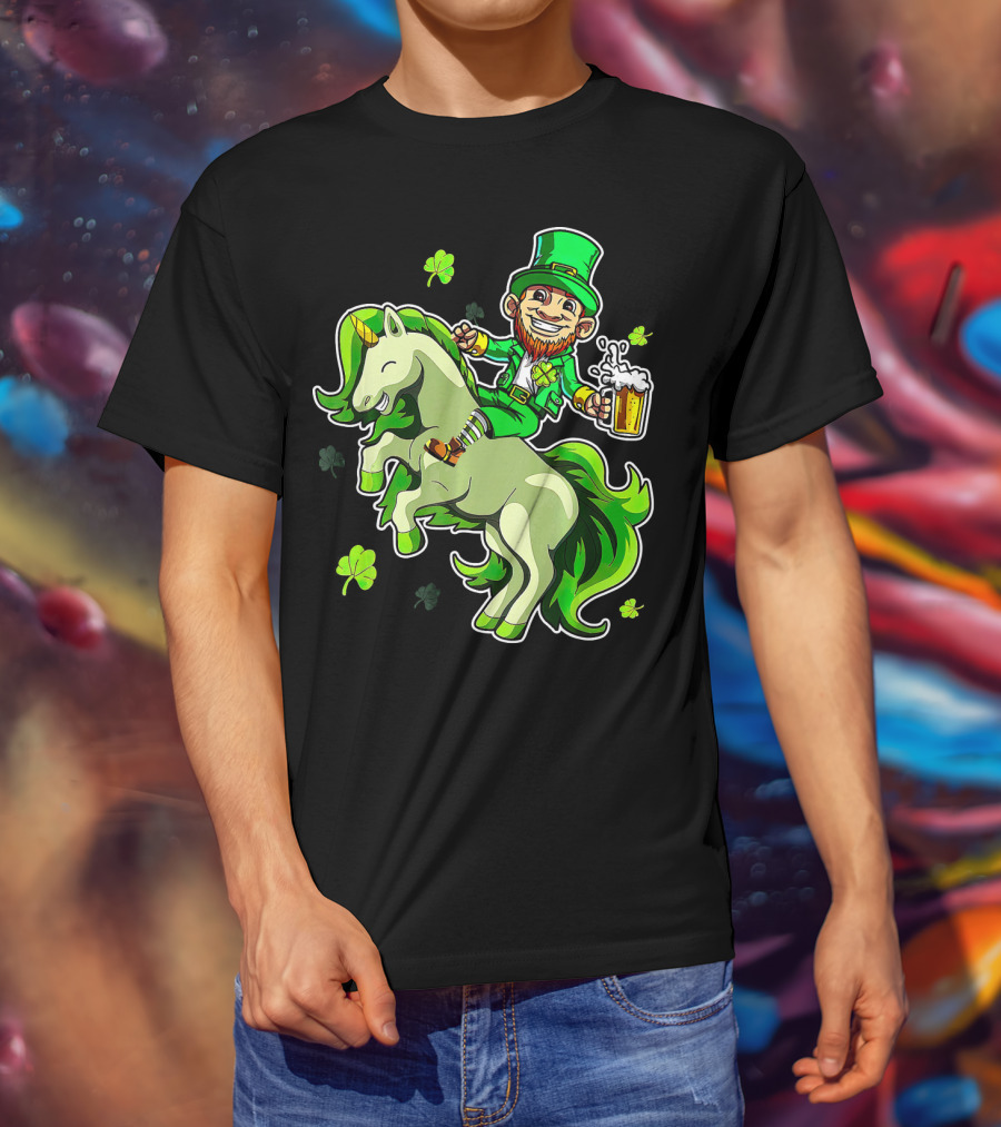 Leprechaun Riding A Green Unicorn Holding Beer With Shamrocks T-Shirt