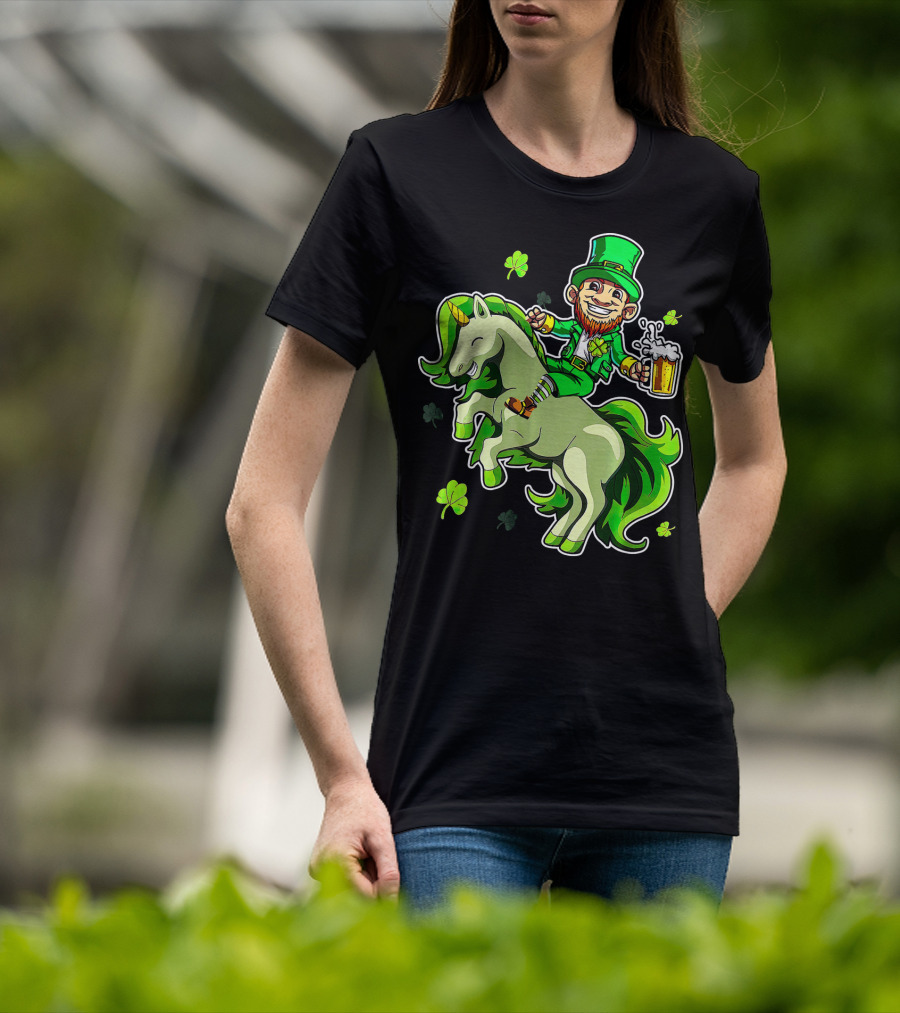 Leprechaun Riding A Green Unicorn Holding Beer With Shamrocks T-Shirt