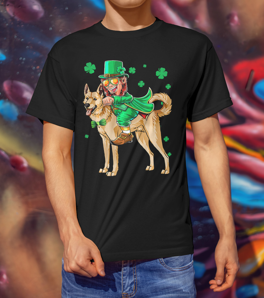 Leprechaun Riding Canaan Dog With Shamrock St. Patrick's Day T-Shirt