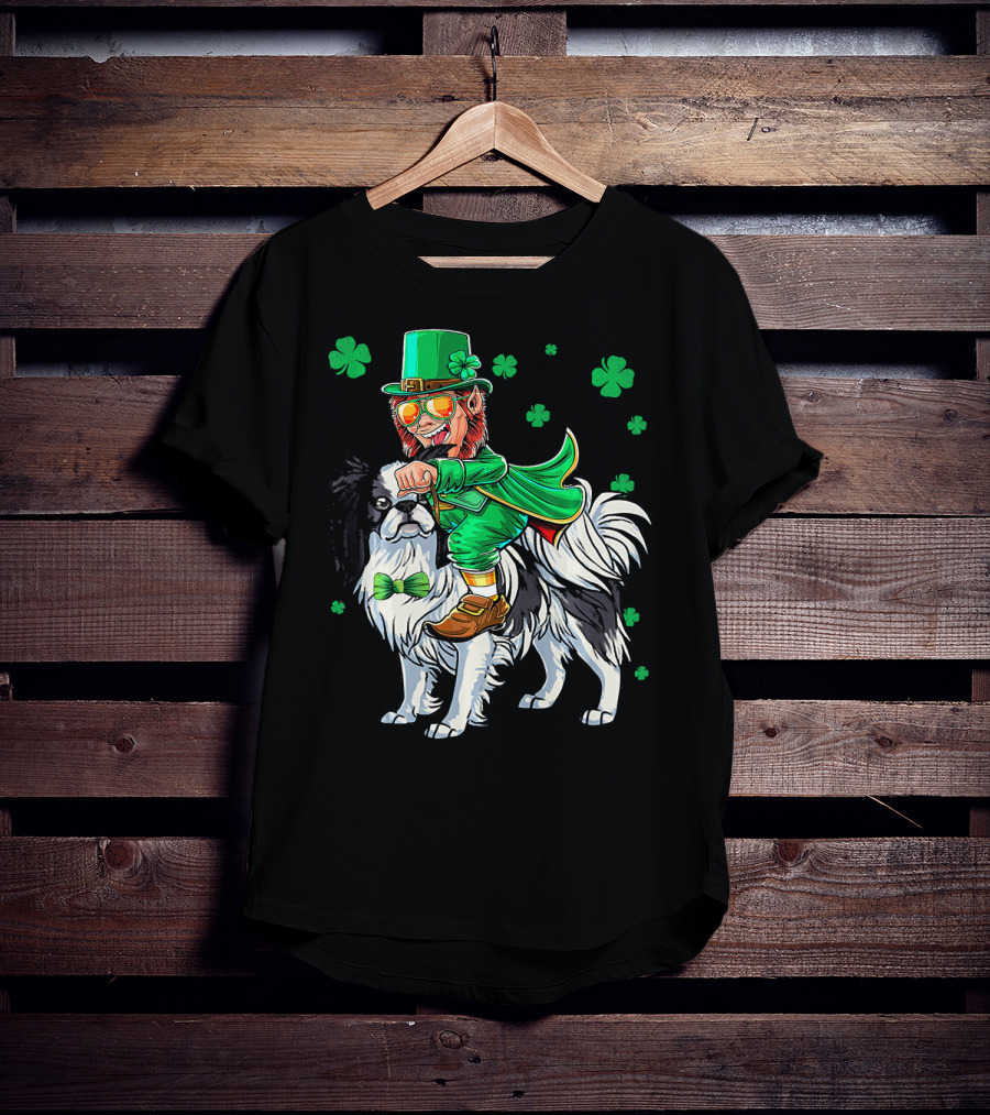 Leprechaun Riding Japanese Chin With Shamrock Clovers T-Shirt