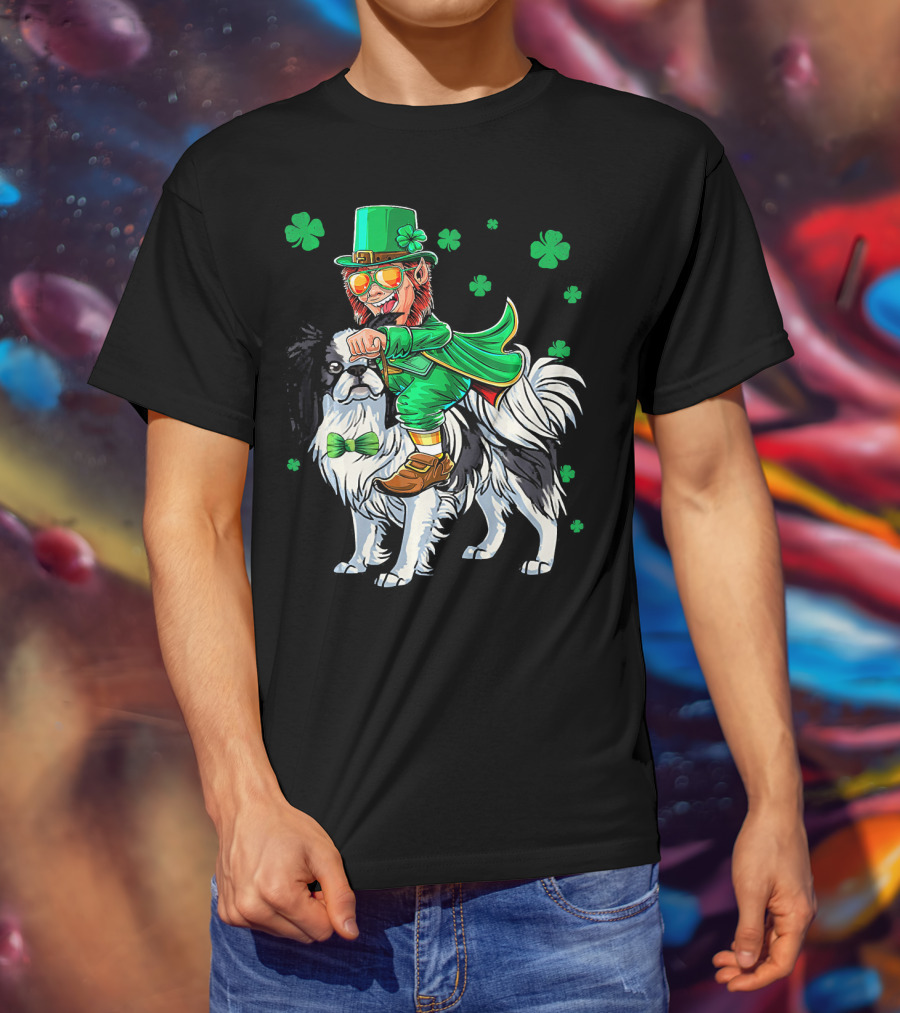 Leprechaun Riding Japanese Chin With Shamrock Clovers T-Shirt