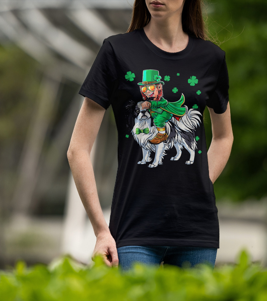 Leprechaun Riding Japanese Chin With Shamrock Clovers T-Shirt