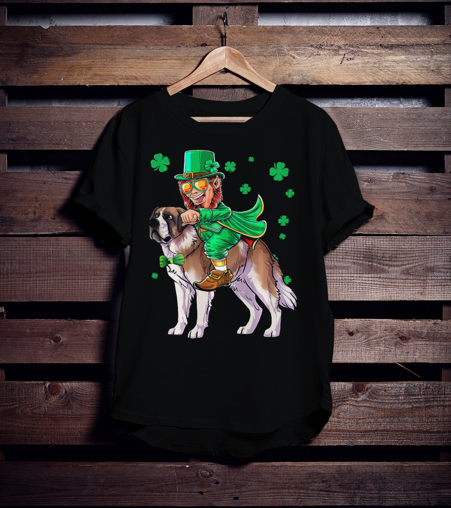 Leprechaun Riding Saint Bernard With Shamrocks T-Shirt