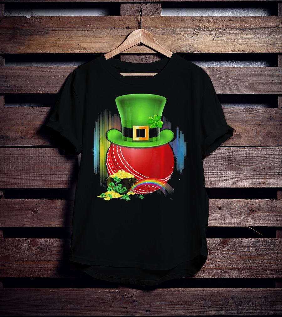 Cricket Ball Leprechaun Hat Rainbow Coin Saint Patricks T-Shirt