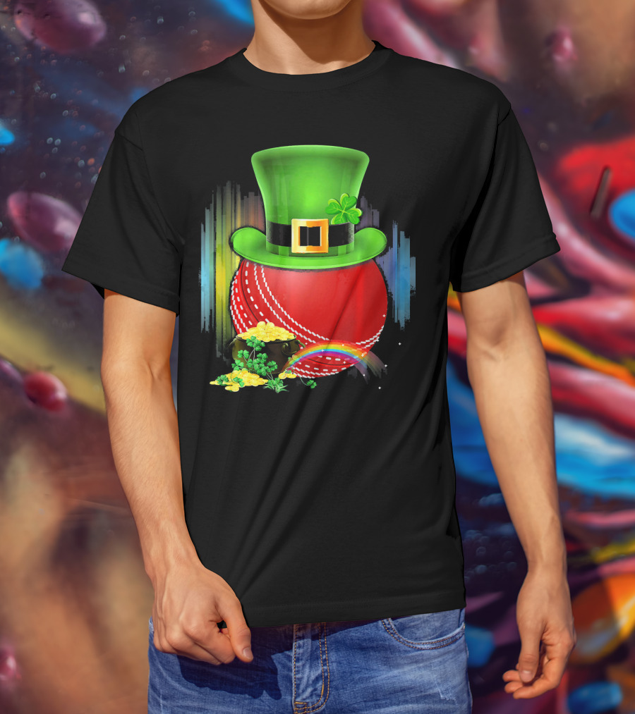 Cricket Ball Leprechaun Hat Rainbow Coin Saint Patricks T-Shirt