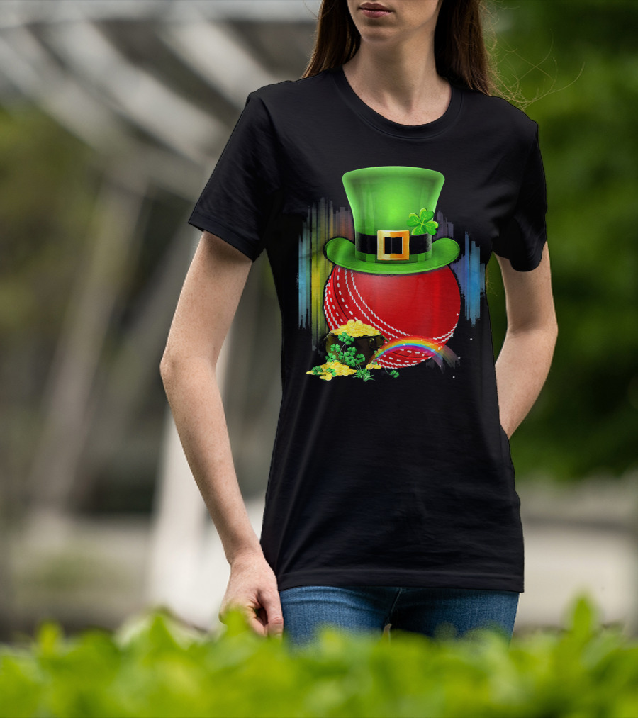 Cricket Ball Leprechaun Hat Rainbow Coin Saint Patricks T-Shirt