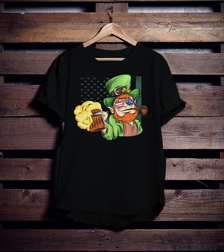 Funny Drunk Patriotic Leprechaun Beer Mug With Shamrock Hat And American Flag Sunglasses T-Shirt