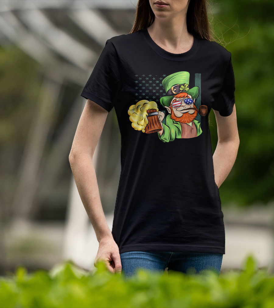 Funny Drunk Patriotic Leprechaun Beer Mug With Shamrock Hat And American Flag Sunglasses T-Shirt