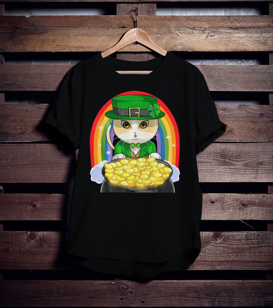 Exotic Cat Leprechaun Pot Of Gold Rainbow Happy St Patricks T-Shirt