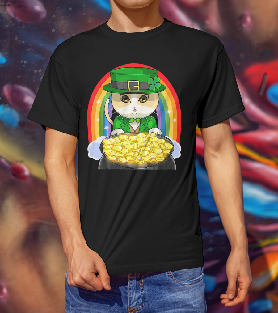 Exotic Cat Leprechaun Pot Of Gold Rainbow Happy St Patricks T-Shirt