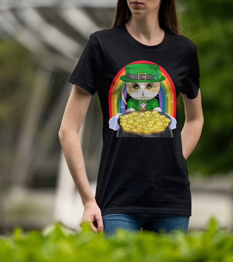 Exotic Cat Leprechaun Pot Of Gold Rainbow Happy St Patricks T-Shirt