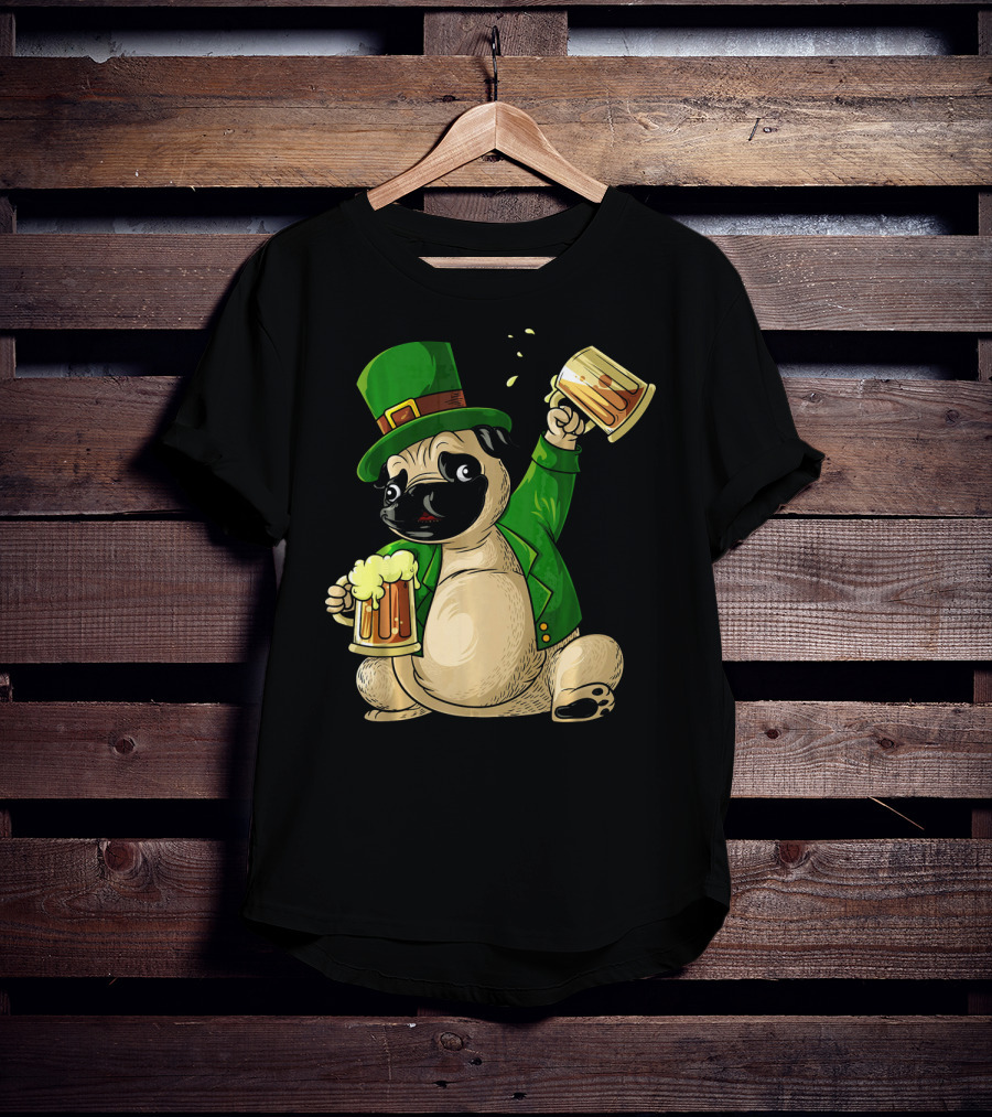 Irish Leprechaun Pug With Beer Mugs T-Shirt