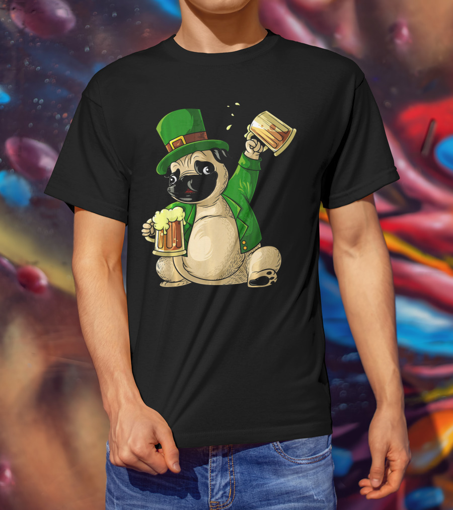 Irish Leprechaun Pug With Beer Mugs T-Shirt