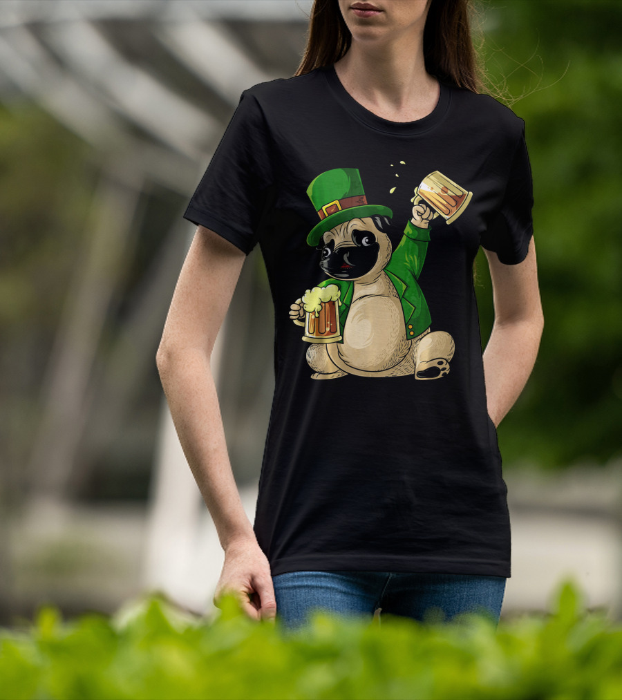 Irish Leprechaun Pug With Beer Mugs T-Shirt