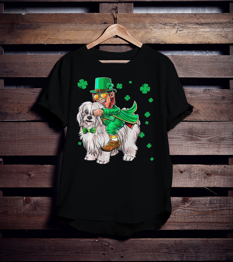 Leprechaun Riding Coton De Tulear With Shamrocks T-Shirt