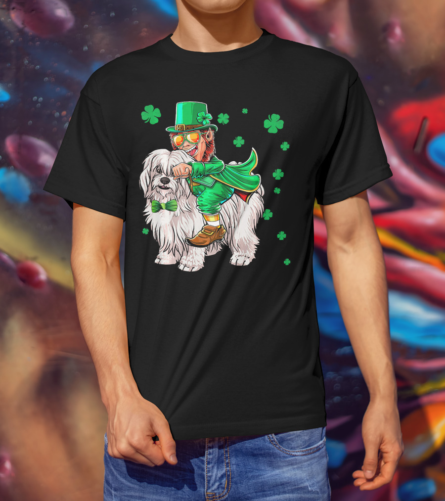 Leprechaun Riding Coton De Tulear With Shamrocks T-Shirt