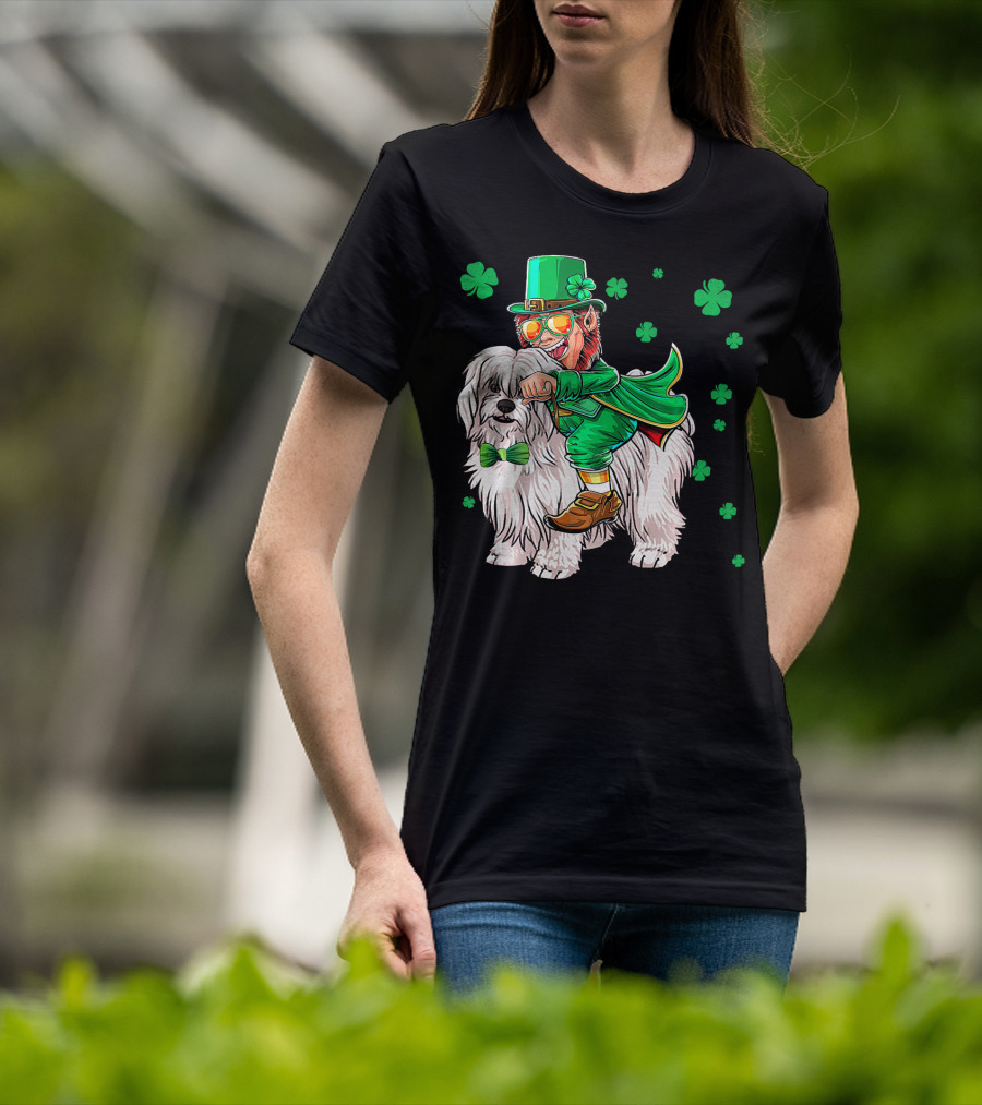 Leprechaun Riding Coton De Tulear With Shamrocks T-Shirt