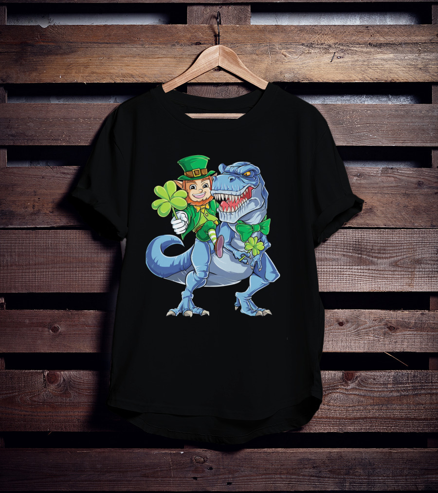 St Patricks Day Leprechaun Riding Dinosaur With Shamrock T-Shirt