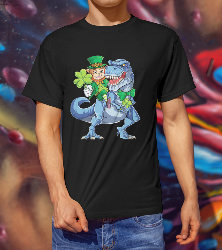 St Patricks Day Leprechaun Riding Dinosaur With Shamrock T-Shirt