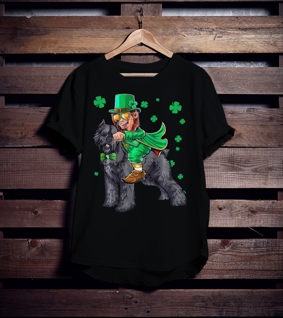 Leprechaun Riding Bouvier Des Flandres Surrounded By Shamrocks T-Shirt