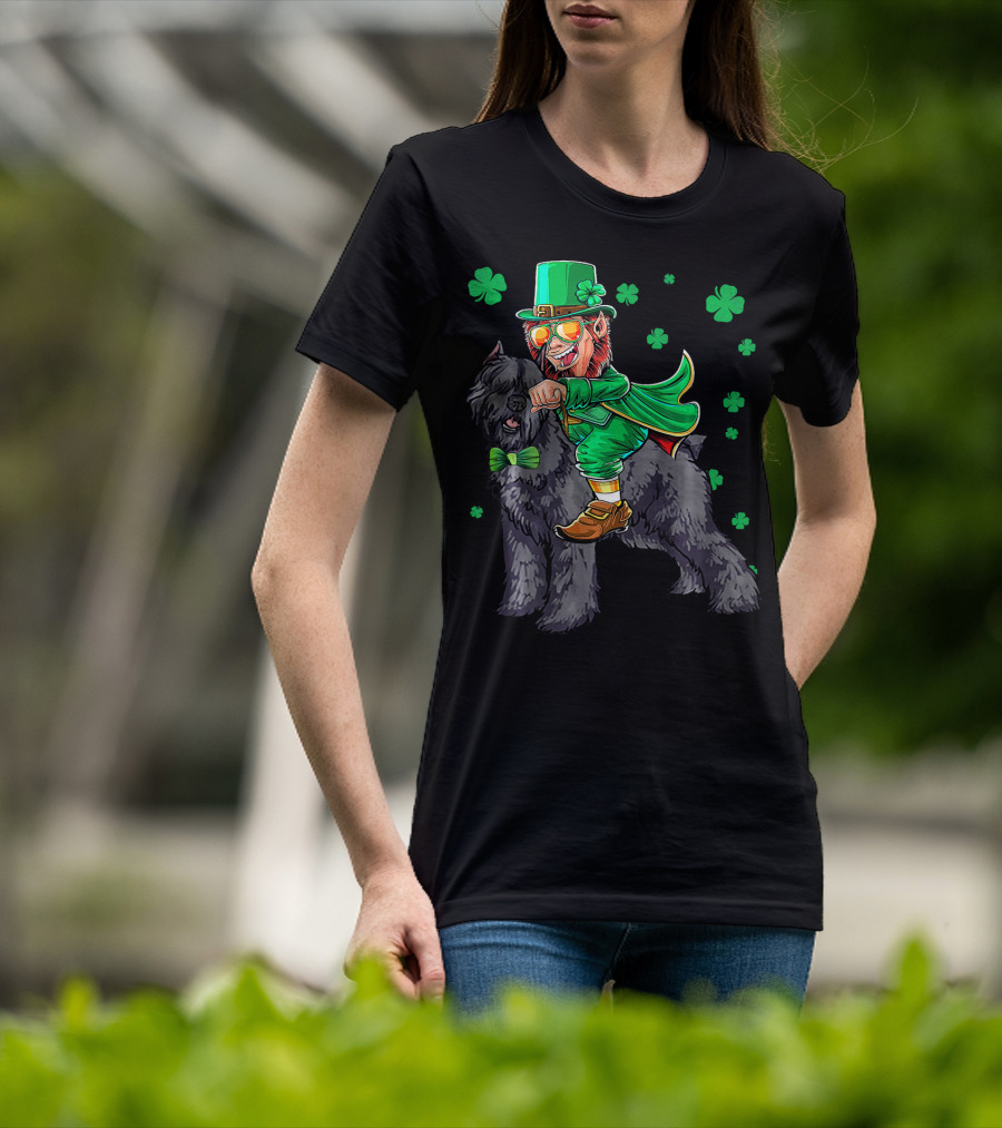 Leprechaun Riding Bouvier Des Flandres Surrounded By Shamrocks T-Shirt