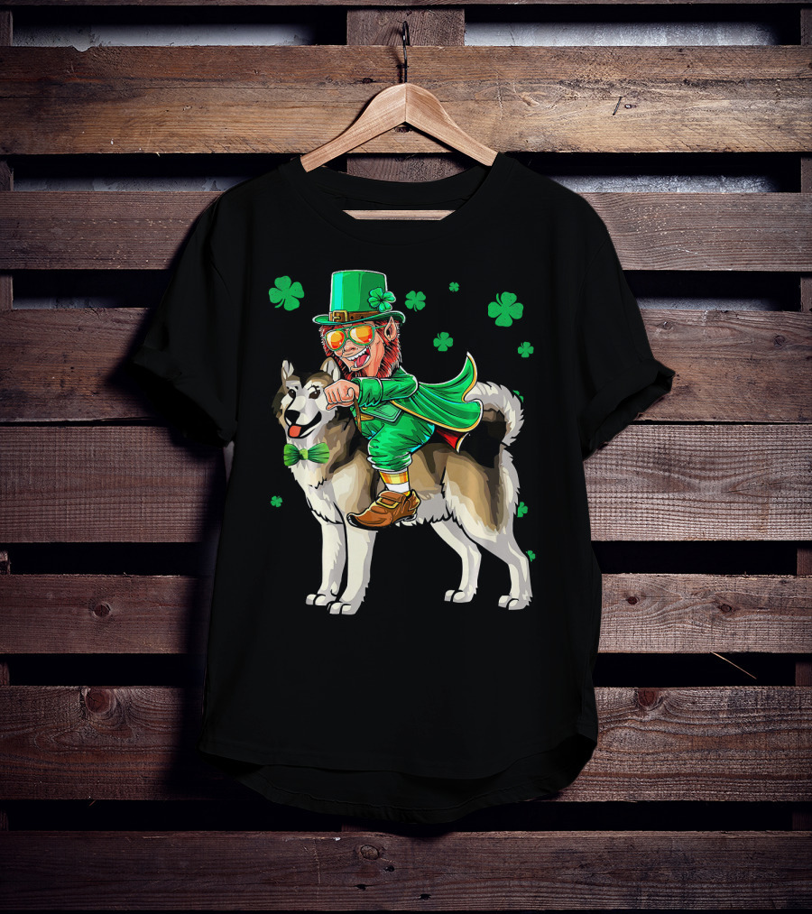 Leprechaun Riding Alaskan Malamute With Shamrocks T-Shirt