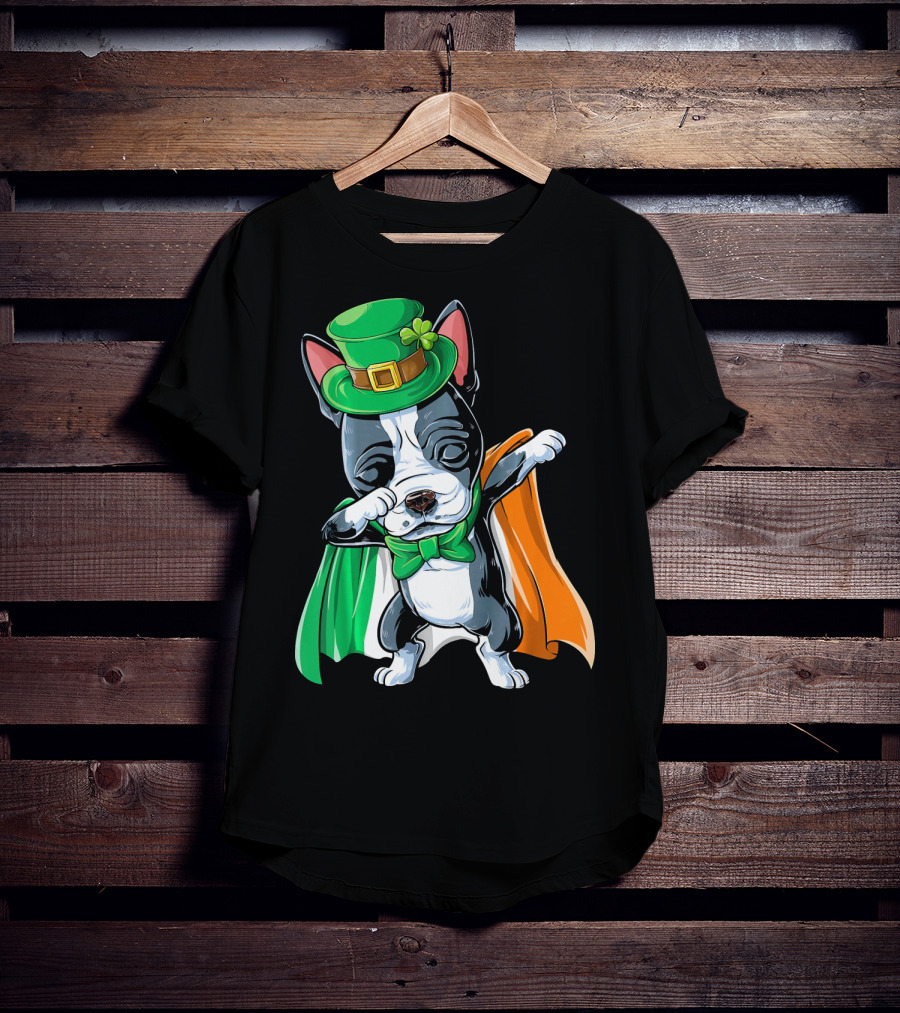 Dabbing Boston Terrier St. Patrick's Day Irish Flag Cape T-Shirt