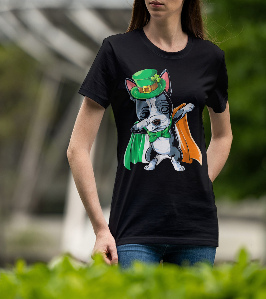 Dabbing Boston Terrier St. Patrick's Day Irish Flag Cape T-Shirt