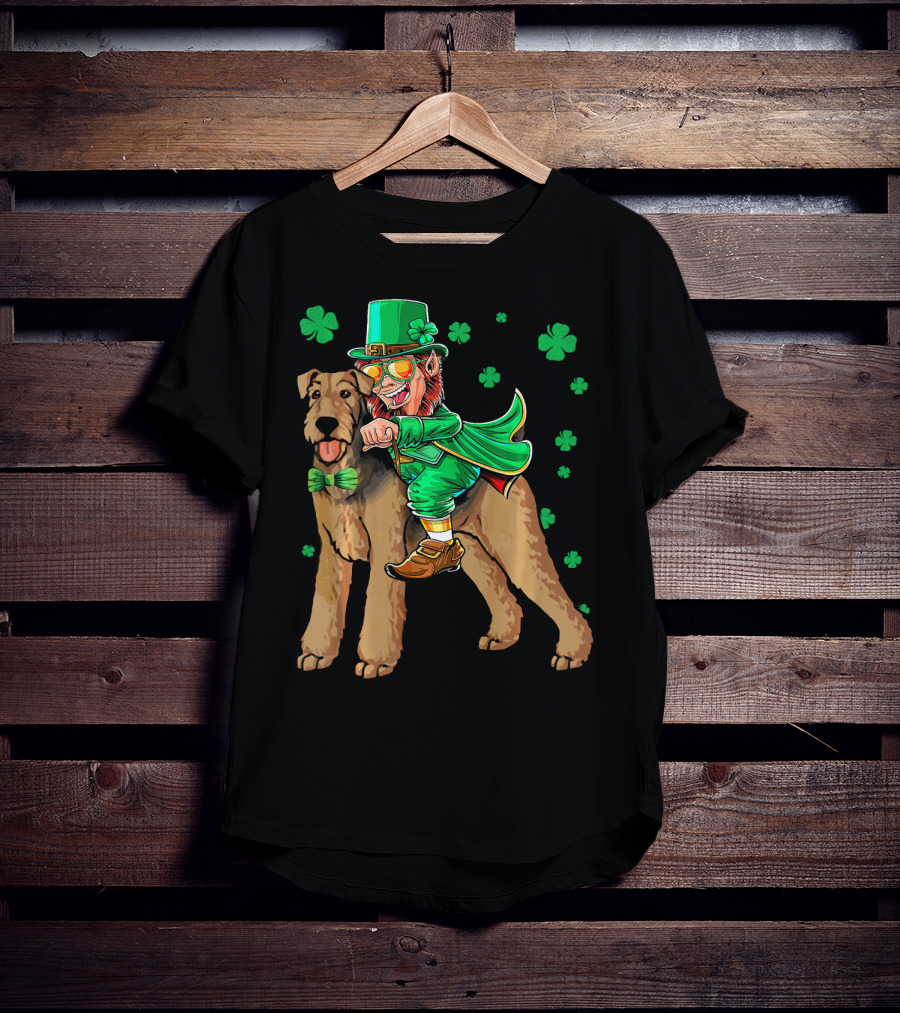 Leprechaun Riding Airedale Terrier With Shamrocks T-Shirt