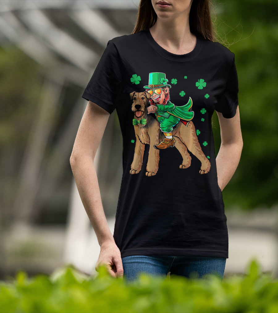 Leprechaun Riding Airedale Terrier With Shamrocks T-Shirt