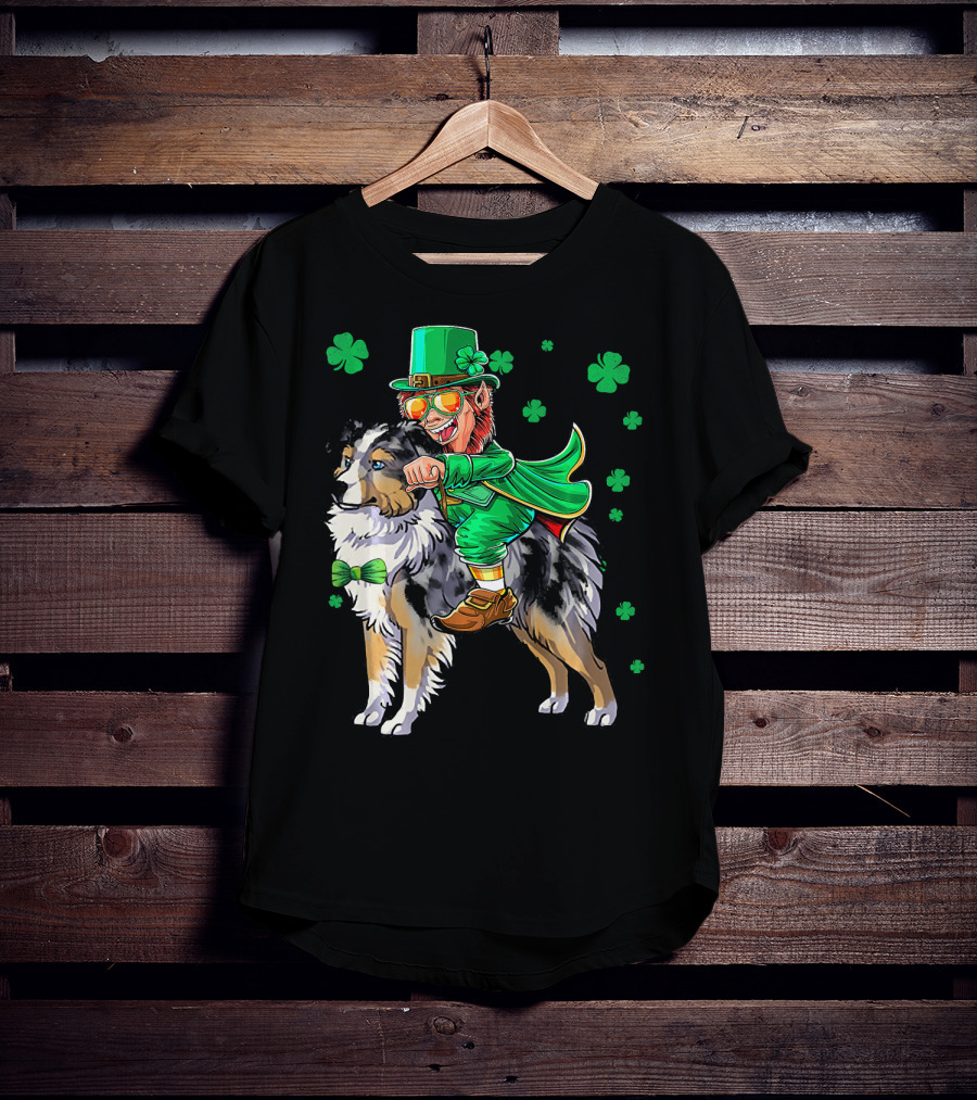 Leprechaun Riding Miniature Australian Shepherd With Shamrocks T-Shirt