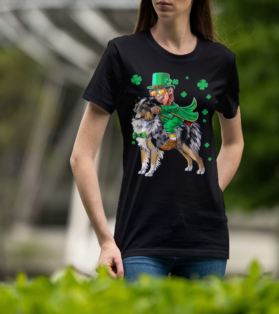 Leprechaun Riding Miniature Australian Shepherd With Shamrocks T-Shirt