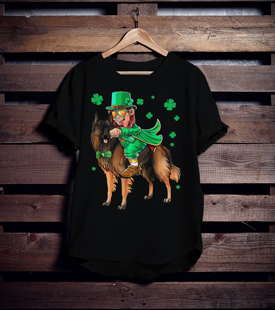 Leprechaun Riding Belgian Tervuren With Shamrock Accents T-Shirt