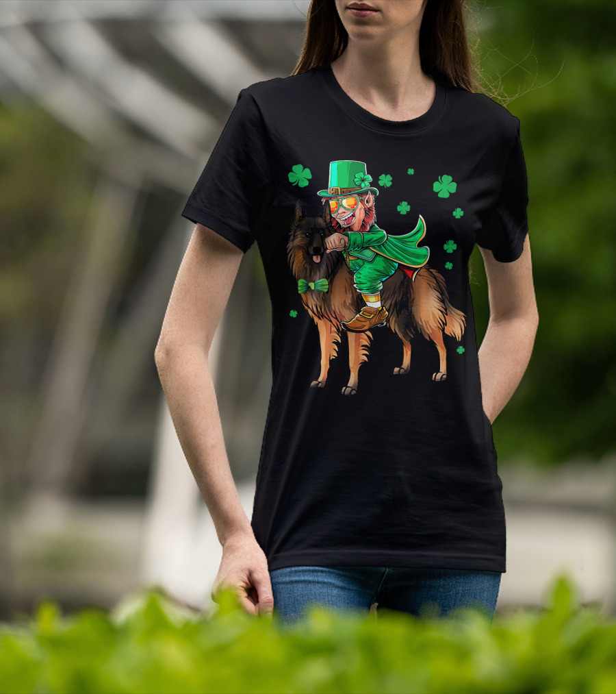 Leprechaun Riding Belgian Tervuren With Shamrock Accents T-Shirt