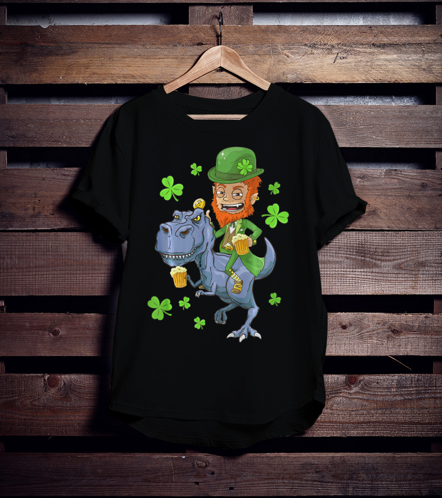 Leprechaun Irish Riding T-Rex Dinosaur With Shamrocks And Beer T-Shirt