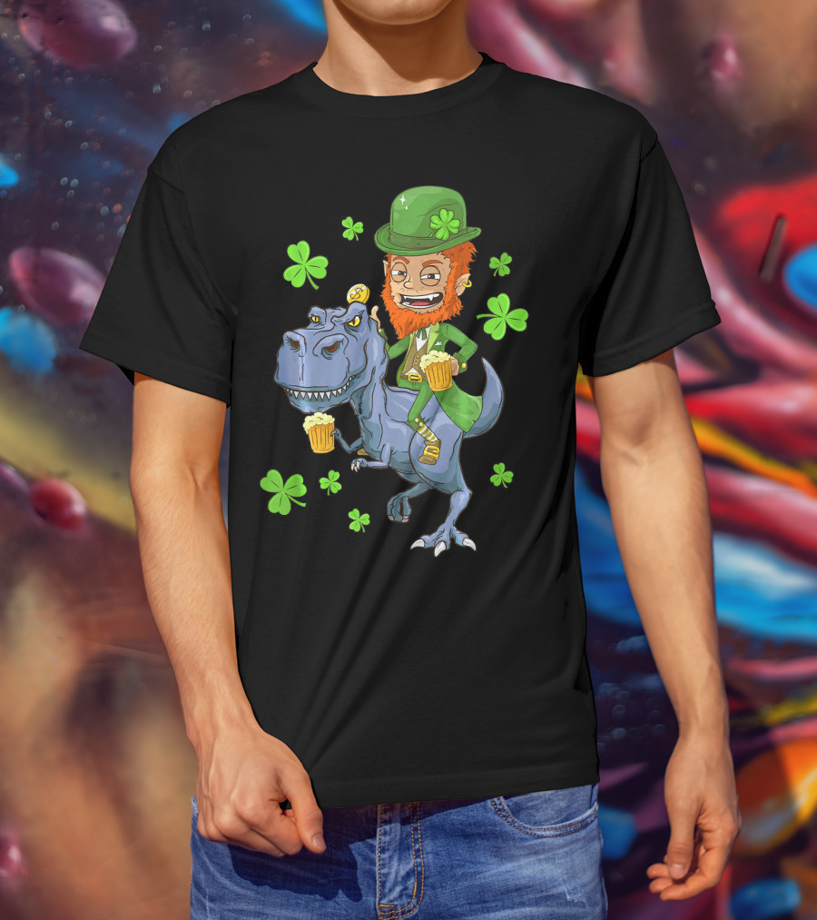 Leprechaun Irish Riding T-Rex Dinosaur With Shamrocks And Beer T-Shirt