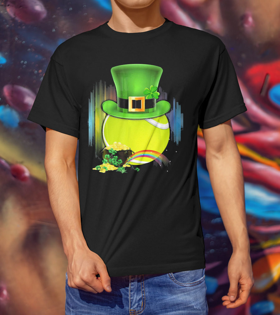 Leprechaun Hat Tennis Ball With Rainbow And Pot Of Gold For Saint Patricks T-Shirt