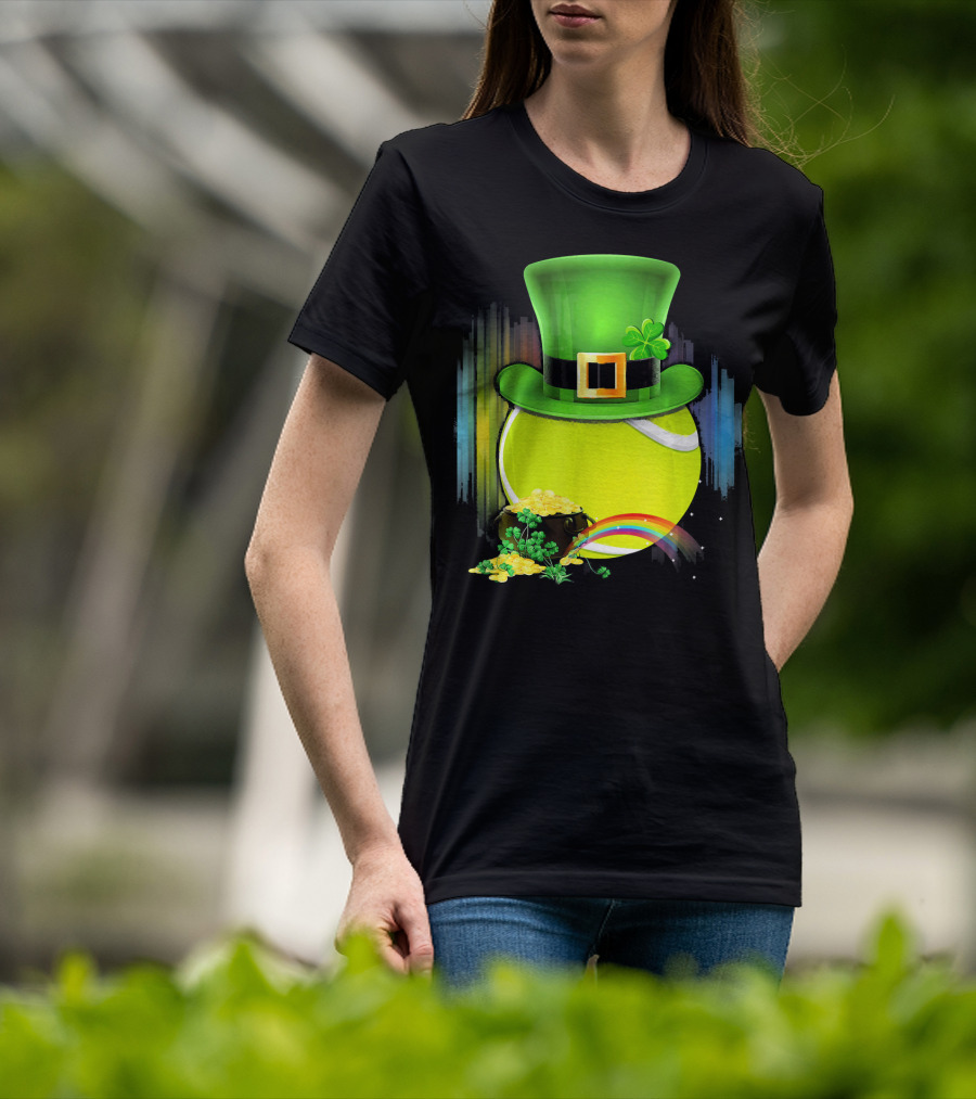Leprechaun Hat Tennis Ball With Rainbow And Pot Of Gold For Saint Patricks T-Shirt