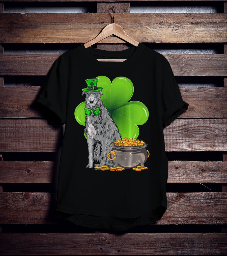 Scottish Deerhound St Patricks Day Leprechaun Hat Pot Of Gold Shamrock T-Shirt
