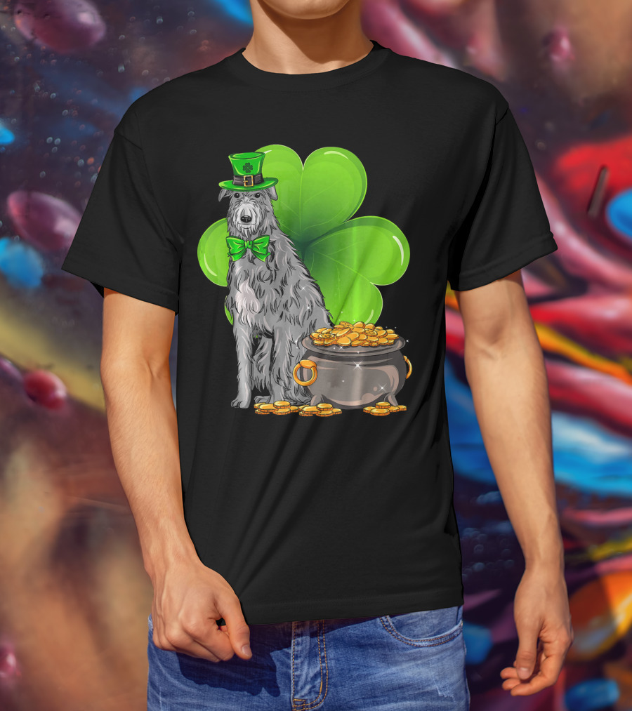 Scottish Deerhound St Patricks Day Leprechaun Hat Pot Of Gold Shamrock T-Shirt