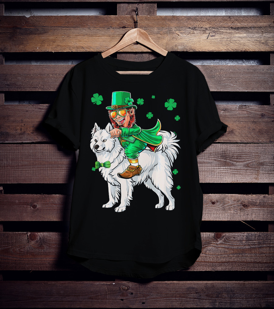 Leprechaun Riding Samoyed With Shamrocks St. Patrick's Day T-Shirt