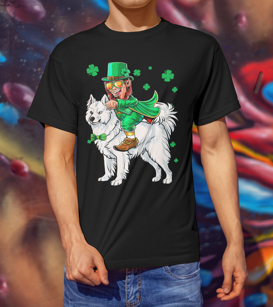 Leprechaun Riding Samoyed With Shamrocks St. Patrick's Day T-Shirt