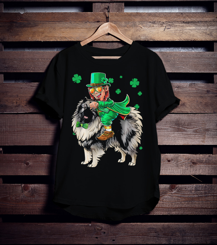 Leprechaun Riding Keeshond With Shamrocks For St. Patrick's Day T-Shirt