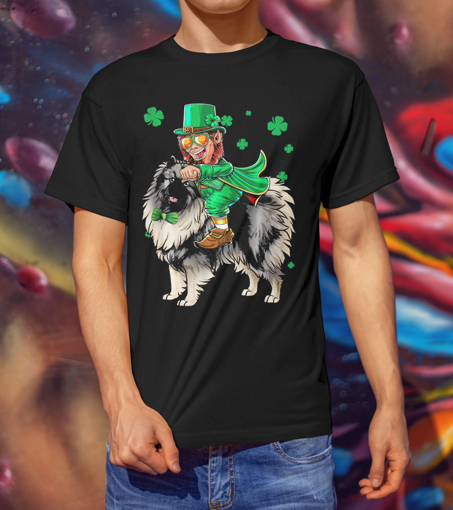 Leprechaun Riding Keeshond With Shamrocks For St. Patrick's Day T-Shirt