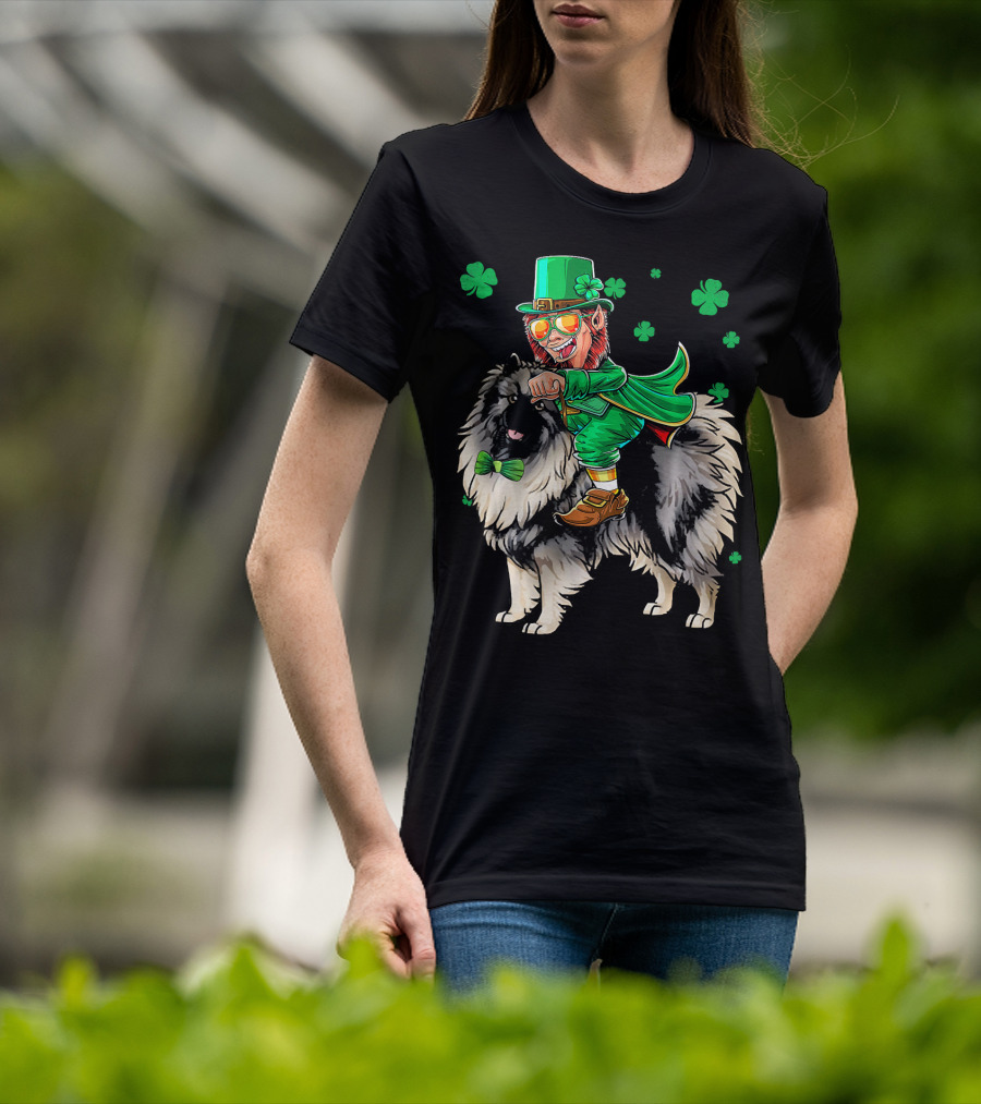 Leprechaun Riding Keeshond With Shamrocks For St. Patrick's Day T-Shirt