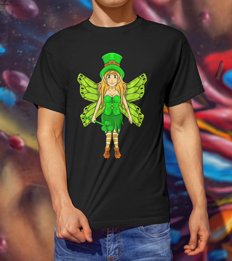 Funny St Patricks Day Leprechaun Fairy Girl With Green Wings And Clover Staff T-Shirt