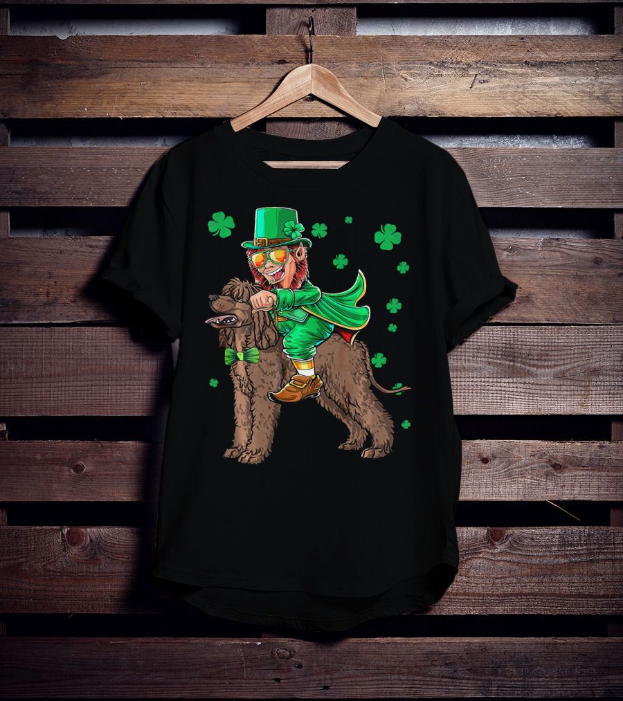 Leprechaun Riding Irish Water Spaniel With Shamrocks T-Shirt