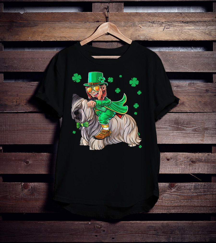 Leprechaun Riding Skye Terrier Shamrocks St. Patrick's Day T-Shirt
