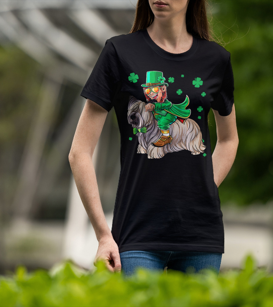 Leprechaun Riding Skye Terrier Shamrocks St. Patrick's Day T-Shirt