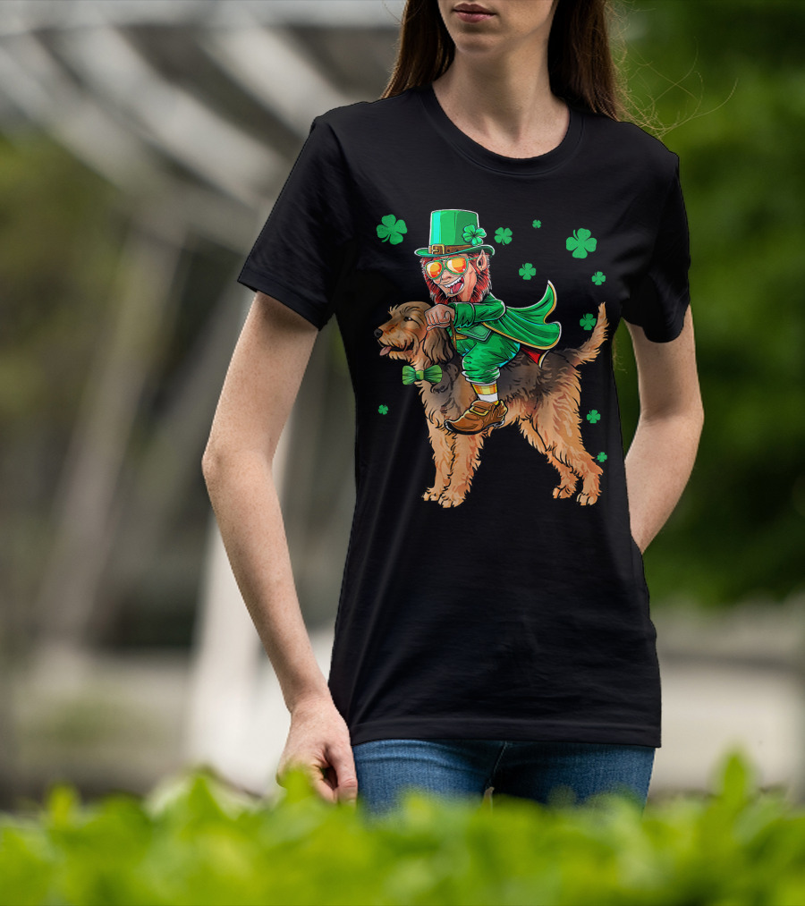 Leprechaun Riding Otterhound With Shamrocks St. Patri St. Patrick's Day T-Shirt